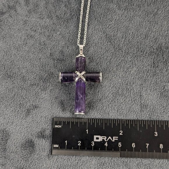 Amethyst and silver color cross pendant, free chain, unisex women men - Picture 4 of 8